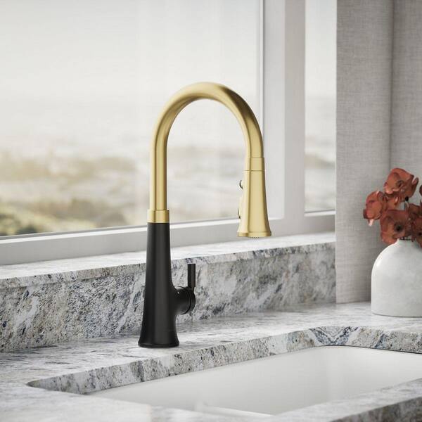 Tone Single Handle Touchless Pull Down Sprayer Kitchen Faucet in Matte Black with Moderne Brass