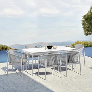 Rhodes Light Gray 7-Piece Aluminum Rectangle Outdoor Dining Set with Light Gray Cushions