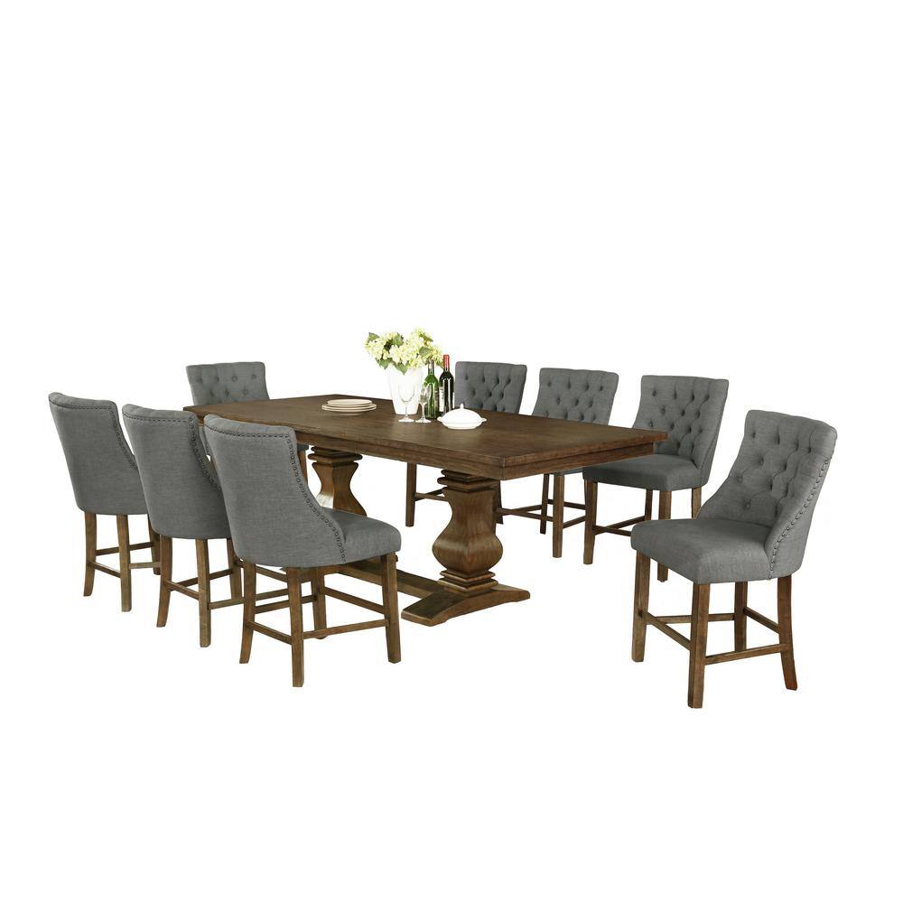 Best Quality Furniture Debra 9Piece Rectangular Walnut Dining Table Set Gray Linen Fabric