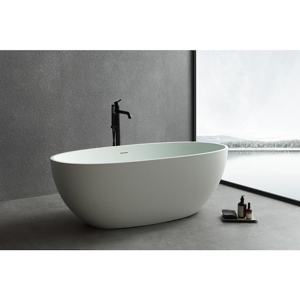 65 in. Stone Resin Flatbottom Solid Surface Freestanding Not Whirlpool Soaking Bathtub in White with Drain