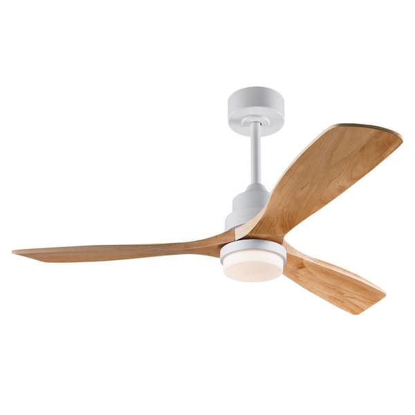 52 in. Antique White Natural Wood Downrod Mount Standard Ceiling Fan with Integrated LED and Remote Included