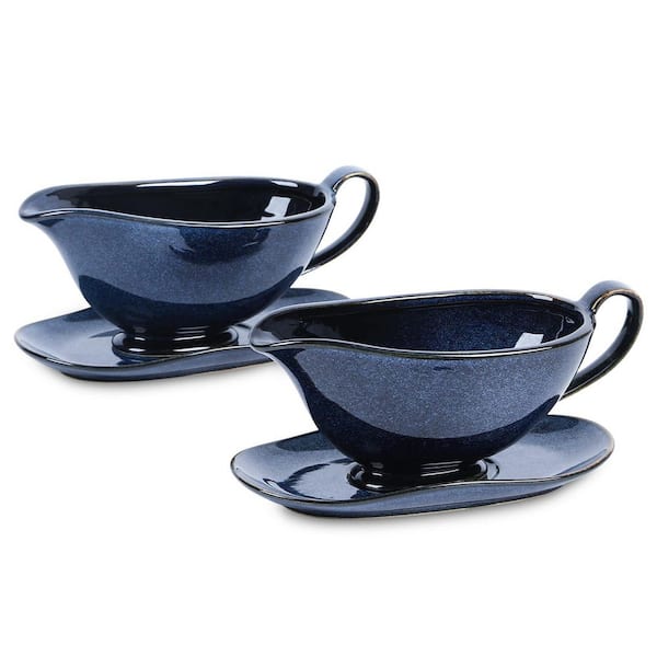 17 oz. Ceramic Gravy Boat with Saucer Set of 2, Large Sauce Boat w/ Tray for Turkey, Dressings, Creamer and Broth, Blue