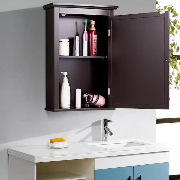 22 in. W x 27.5 in. H x 6 in. D Bathroom Storage Wall Cabinet with 1 Glass Doors and Adjustable Shelf in Brown