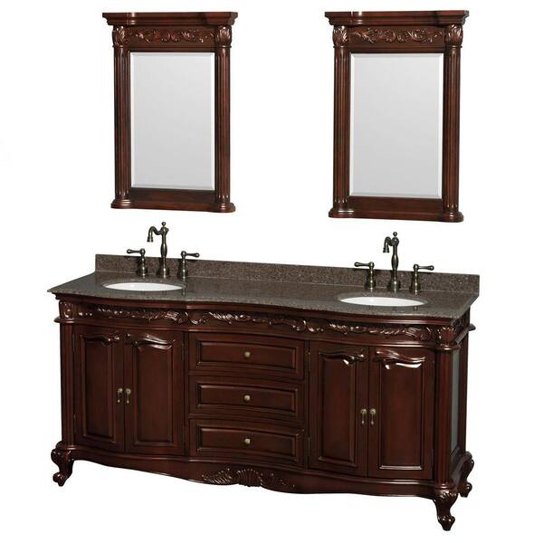 Wyndham Collection Edinburgh 72 in. Double Vanity in Cherry with Granite Vanity Top in Imperial Brown, Oval Sinks and 24 in. Mirrors