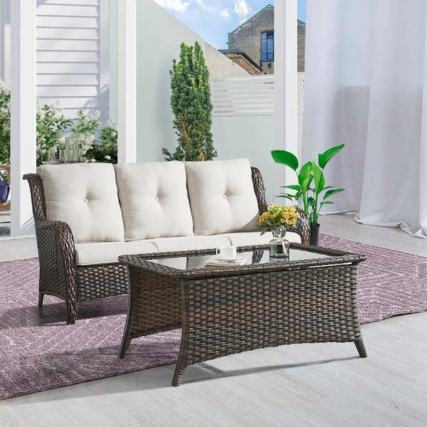 ArcoBay 2-Piece Brown Wicker Outdoor 3-Seat Couch Sofa Patio Conversation Set with Beige Cushions and Coffee Table