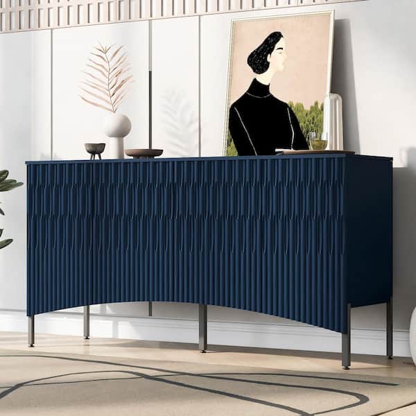 Harper & Bright Designs Navy Wood 59.8 in. Curved Doors Storage Sideboard with Adjustable Shelves and Metal Legs