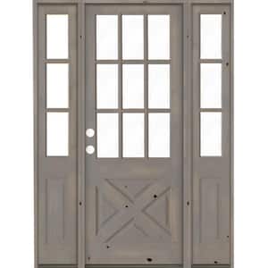 60 in. x 96 in. Knotty Alder 2 Panel Right-Hand/Inswing Clear Glass Grey Stain Wood Prehung Front Door w/Double Sidelite