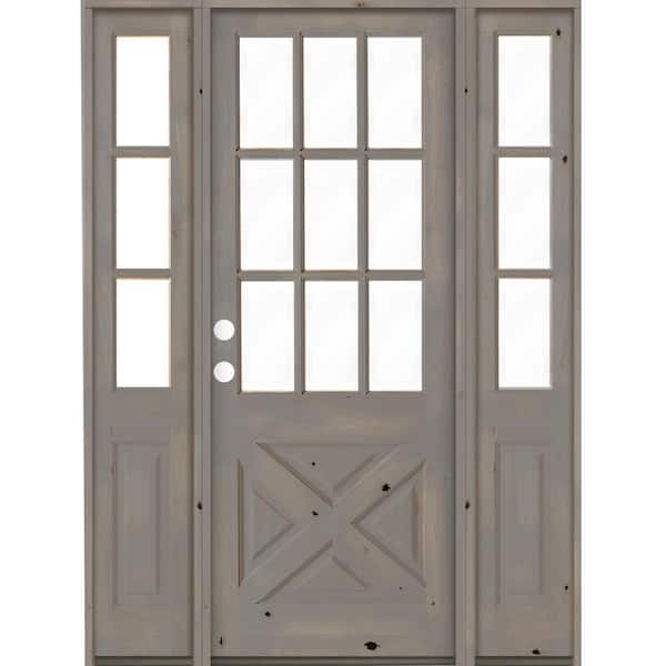 Krosswood Doors 60 in. x 96 in. Knotty Alder 2 Panel Right-Hand/Inswing Clear Glass Grey Stain Wood Prehung Front Door w/Double Sidelite