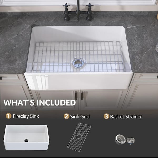 DeerValley 33" White Farmhouse Sink - Fireclay Apron Front Single Bowl With Stainless Grid