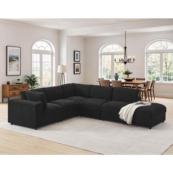 Liam Modern 122 in. Square Arm 6-Piece Corduroy Modular Sectional Sofa in Black with Ottoman, Reversible