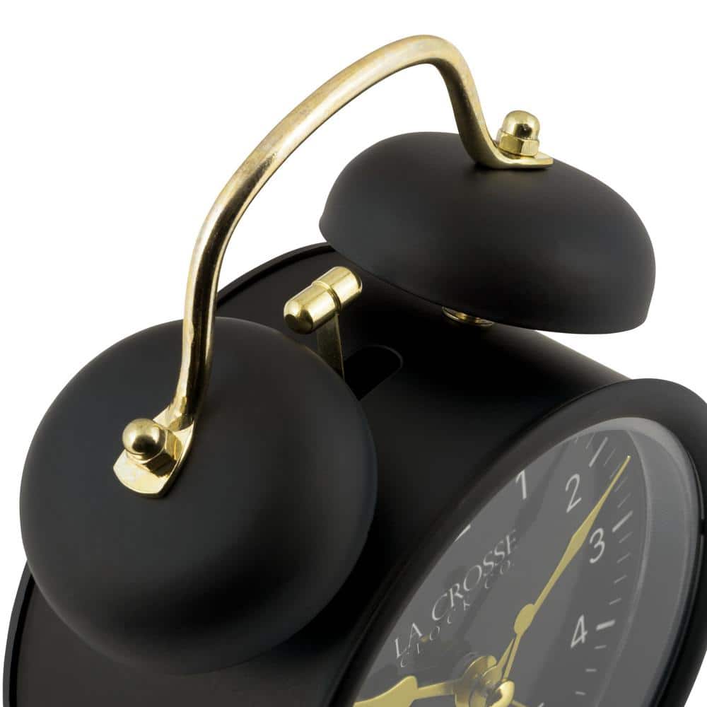 Black Twin Bell Quartz Analog Alarm Clock with Gold Accents