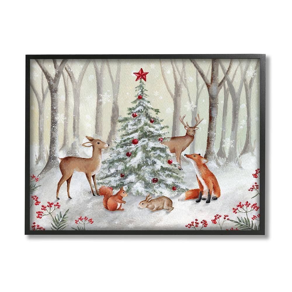 Forest Animals and Christmas Tree by Emma Leach 1-Piece Framed Graphic Print Animal Poster Art Print 30 in. x 24 in.