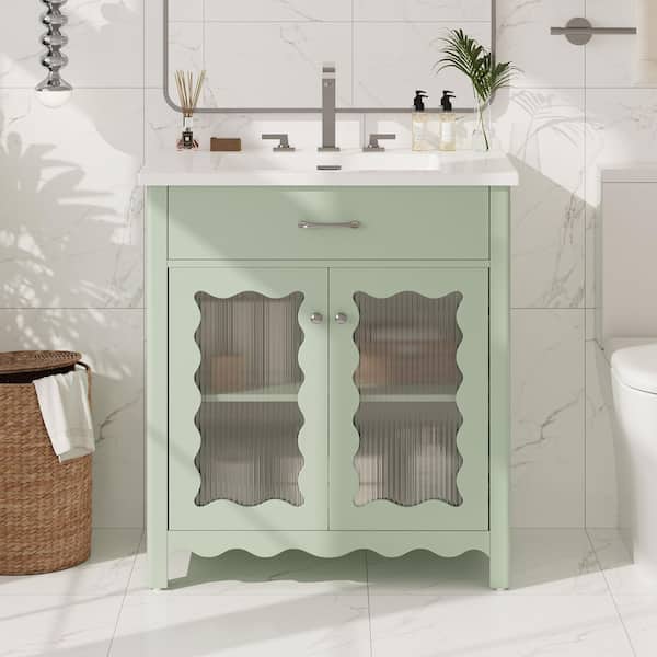 31 in. Freestanding Green Bath Vanity with White Ceramic Top, Tempered Glass and Soft Close Doors