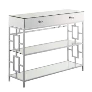 Town Square 39.5 in. Mirror/Chrome Rectangle Glass Top 1 Drawer Console Table with Shelves