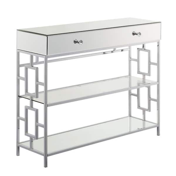 Convenience Concepts Town Square 39.5 in. Mirror/Chrome Rectangle Glass Top 1 Drawer Console Table with Shelves