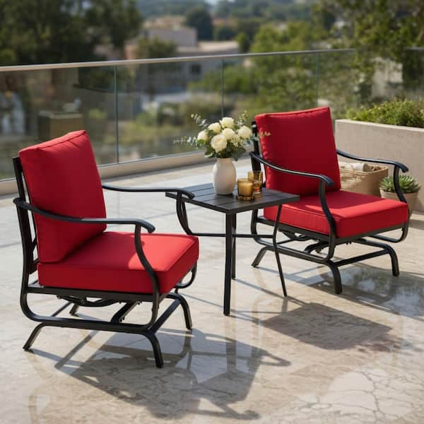 3-Piece Black Steel Rocking Chair Set – Coffee Table & Red
