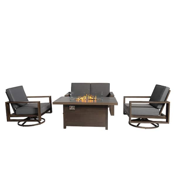 PATIOPTION Aluminum Patio Conversation Set with Gray Cushions and 55.12 in Fire Pit Table Sofa Set - 2 Swivel plus Loveseat