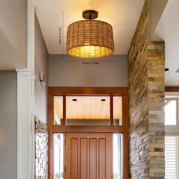 OUKANING 12.99 in. 2-Light Brown and Black Rustic Semi-Flush Mount