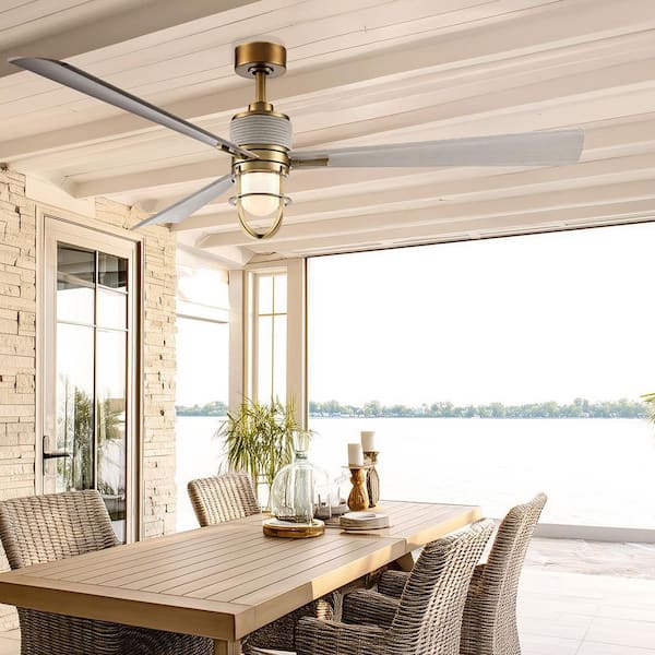 Nauticus 65 in. Smart Indoor/Outdoor Legacy Brass Low Profile Ceiling Fan with LED Remote Control Included