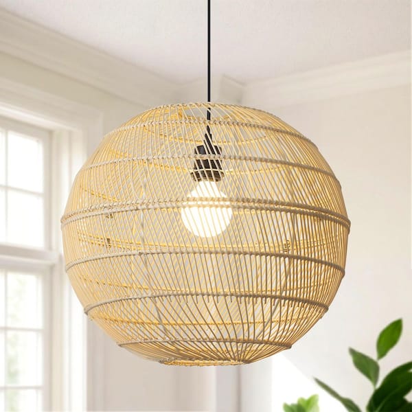 1 Light Black and Rattan Pendant Light Boho Hand-Woven Basket Ball Shade Hanging Light Fixture for Kitchen Island Foyer
