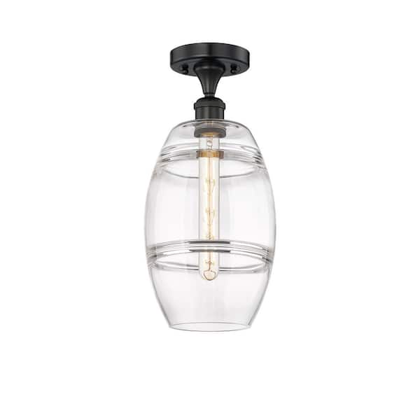 Vaz 8 in. 1-Light Matte Black Industrial Semi-Flush Mount with Clear Glass Shade