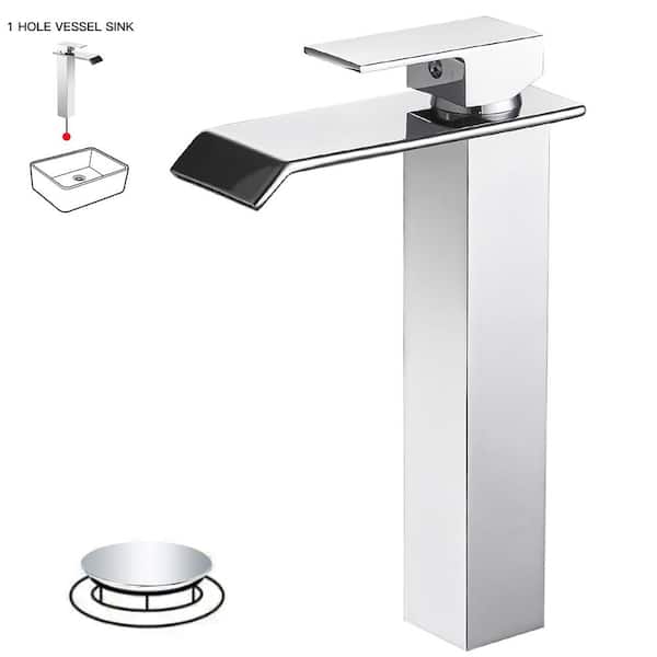 Single Hole Single Handle Bathroom Vessel Sink Faucet with Pop Up Drain without Overflow in Polished Chrome