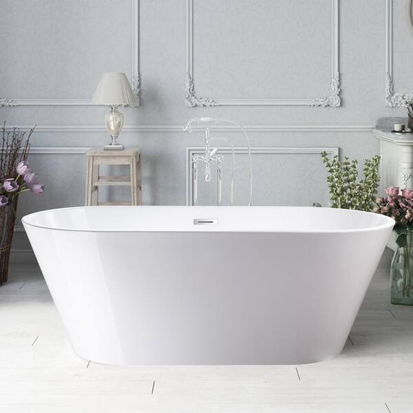 Vanity Art Domme 54 in. Acrylic Flatbottom Freestanding Non-Slip Bathtub in Pure White