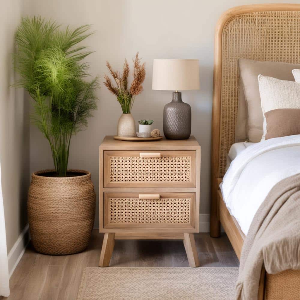 Walnut Brown Retro-Inspired 2-Drawer Rattan End Table