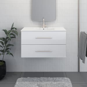 Napa 32 W x 18 D x 21-3/8 H Single Sink Bathroom Vanity Wall Mounted In Glossy White with Ceramic Integrated Countertop