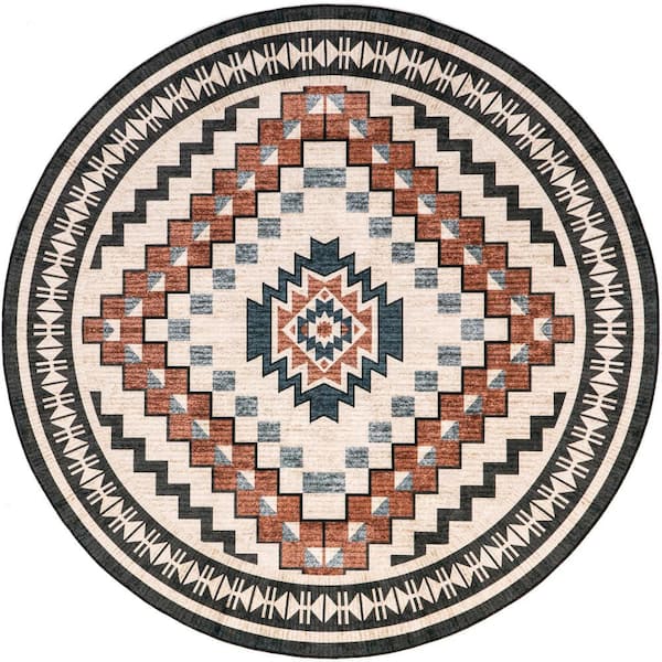 nuLOOM Leighton Machine Washable Beige 6 ft. Geometric Round Rug