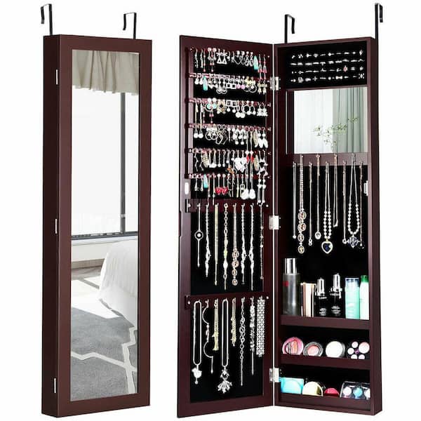 53 in. Dark Brown MDF Jewelry Boxes, Jewelry Organizer with Mirror