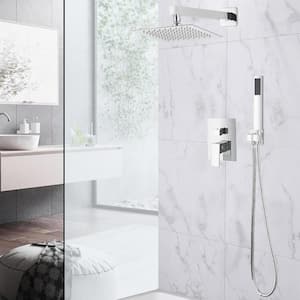 Square, wall-mounted fixed rain shower faucet, handheld shower combo, in Chrome Stainless Steel.