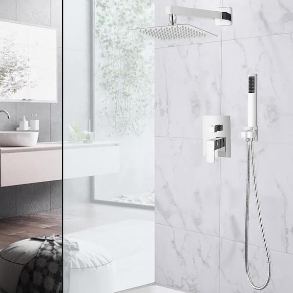 AKDY Square, wall-mounted fixed rain shower faucet, handheld shower combo, in Chrome Stainless Steel.