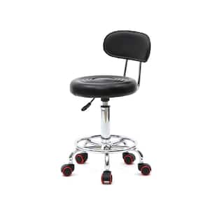Round Rolling Stool with Back and Line Black PU Leather Height Adjustable Swivel Drafting Work SPA Medical Salon Stools Chair with Wheels Black White 