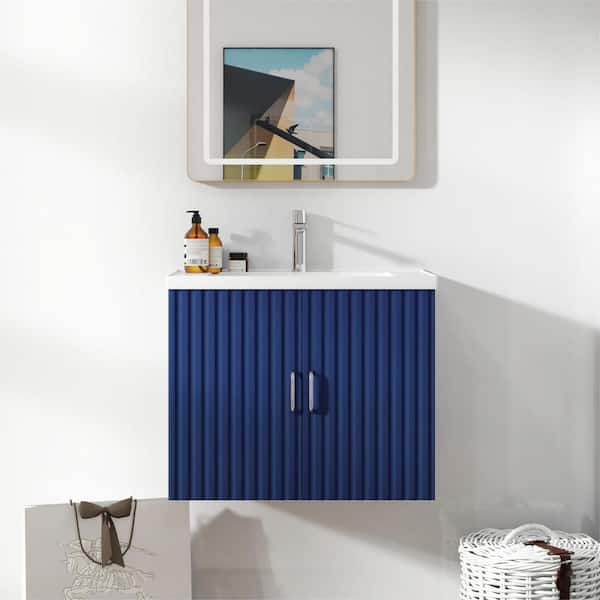 Zeus & Ruta 24 in. W. x 17.7 in. D x 18.7 in. H Floating Bath Vanity in Blue with White Porcelain Top and Soft Close Doors