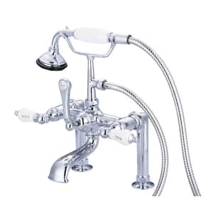 3-Handle Claw Foot Tub Faucet with Labeled Porcelain Lever Handles and Handshower in Triple Plated Chrome