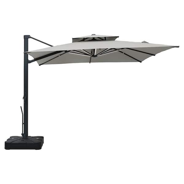 Boyel Living 10 in. 360° Rotation Square Cantilever Patio Umbrella with Base and Light in Gray