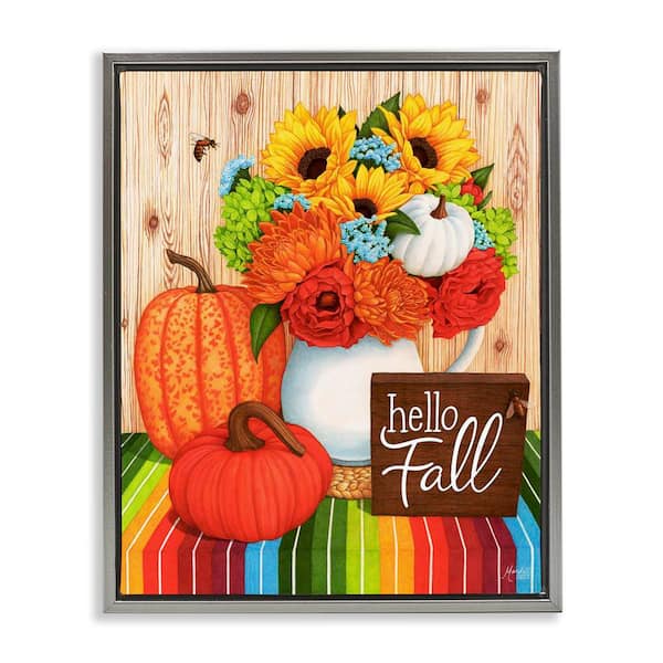 Stupell Industries Hello Fall Rainbow Pumpkins by Mardell Schuster Gray Floater Frame Graphic Typography Art Print 21 in. x 17 in.