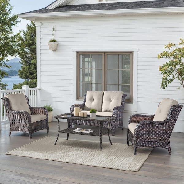 4-Piece Brown Wicker Patio Conversation Set with Olefin Beige Cushions and Lounge Chairs/Loveseat