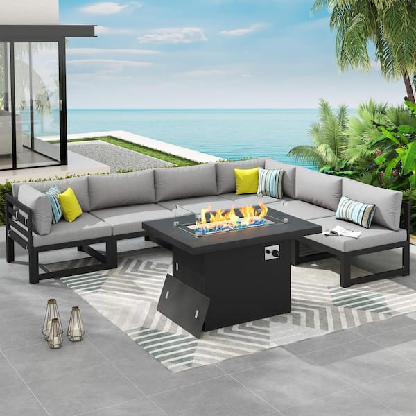 Unbranded 7-Piece Gray Aluminum Outdoor Conversation Set Deep Seating Patio Furniture with Fire Pit Table and Light Gray Cushions