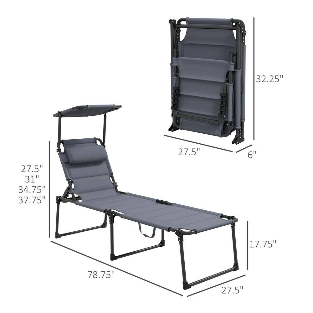 Gray Adjustable Outdoor Chaise Lounge Chairs with Cushions and Sunshade
