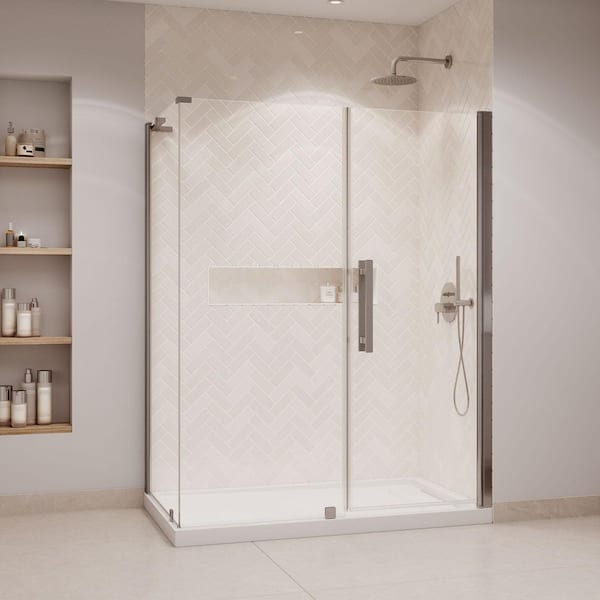 OVE Decors Pasadena 60 in. L x 36 in. W x 72.01 in H Corner Shower Kit with Pivot Frameless Door in Satin Nickel and Shower Pan