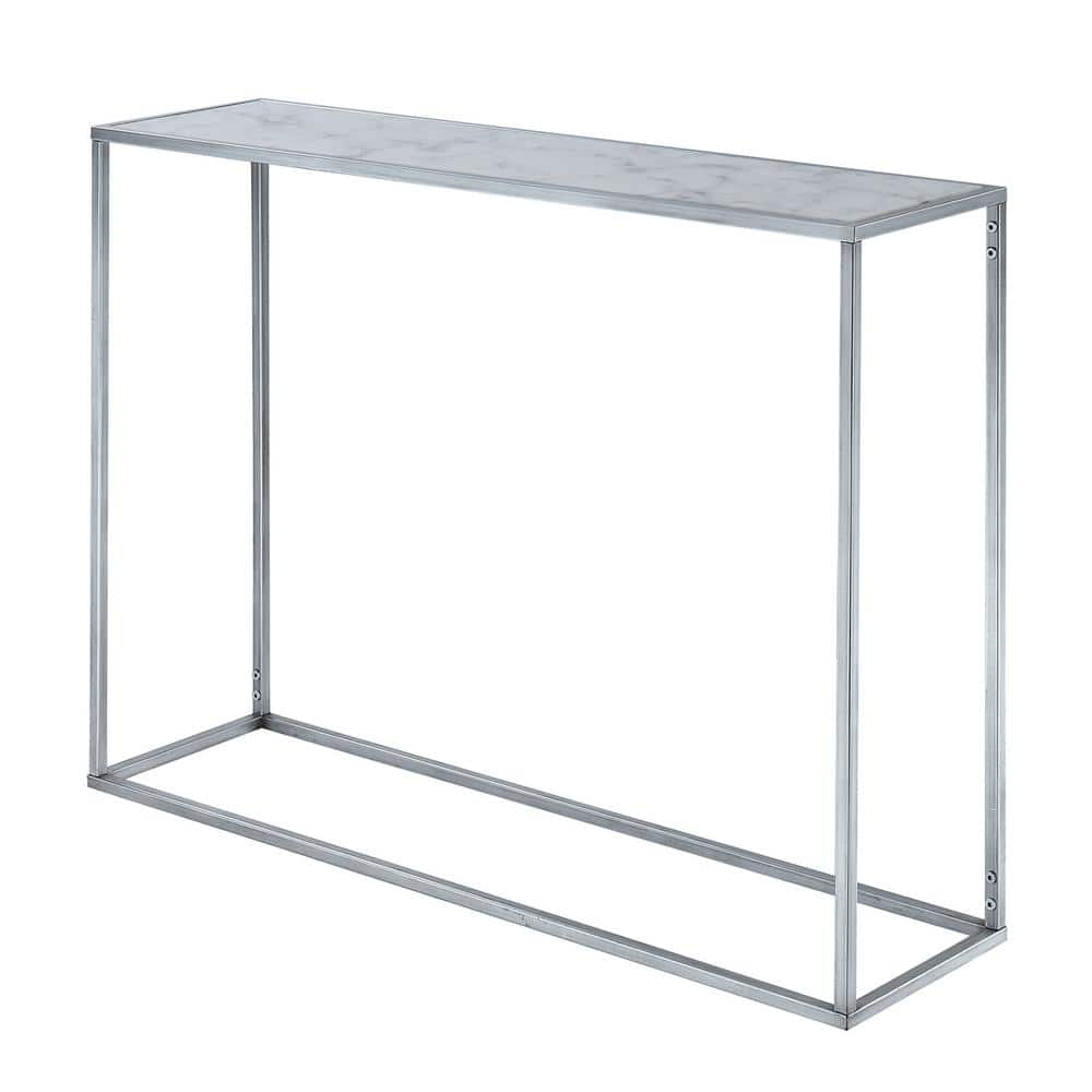 Victorian Elegance 42" Faux Marble Console Table with Mirrored Storage, Silver/White