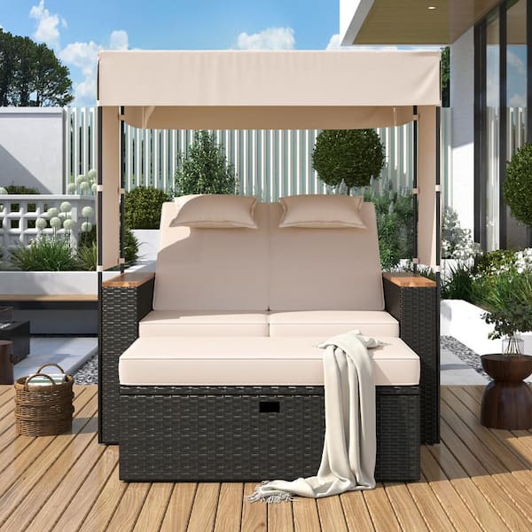 Zeus & Ruta 2-Piece Brown Wicker Outdoor Patio Bench Lounge Chair with Beige Cushions and Adjustable Backrest for Garden, Backyard