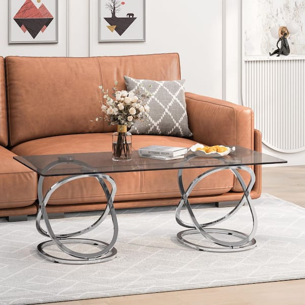 Seafuloy 47.24 in. Rectangle Gray Tempered Glass Coffee Table with