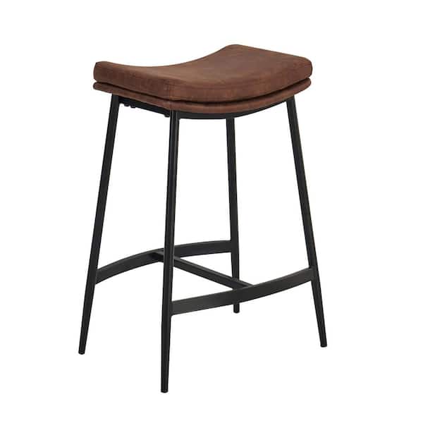 Arlo 27 in. Brown/Matte Black Modern Backless Kitchen Counter Bar Stool Metal Frame with Saddle Seat