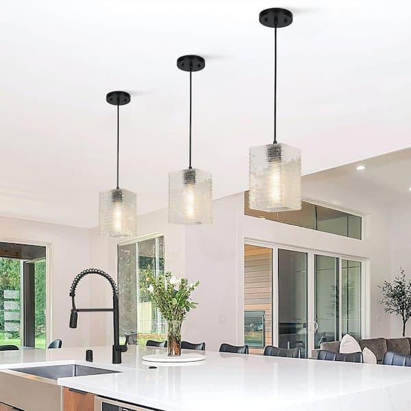 Modern 1-Light Matte Black Pendant Light with Textured Glass, Transitional Square Mini Pendant Hanging Light for Kitchen