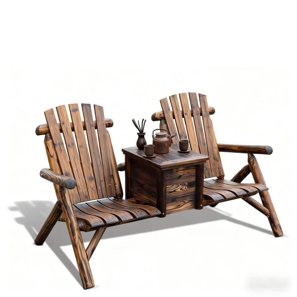 Adirondack Double Loveseat 63.8 in. Rustic Brown Solid Wood with Built-in Ice Bucket and Center Table for Outdoor Patio price history on PriceWatchPro