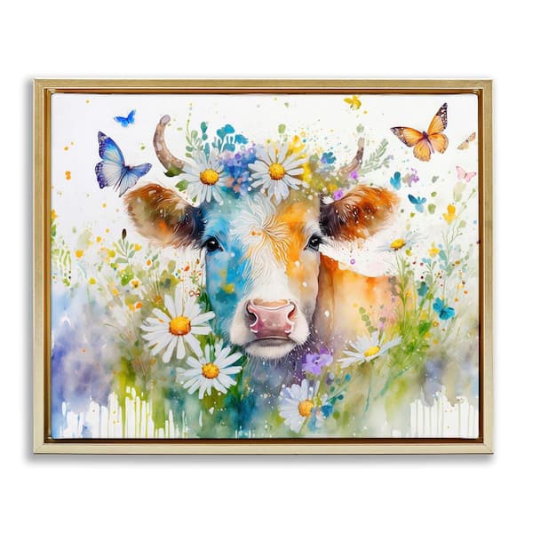 Stupell Industries Modern Cottage Cow by Alina Georgescu Gold Floater Frame Animal Graphic Art Print 25 in. x 31 in.