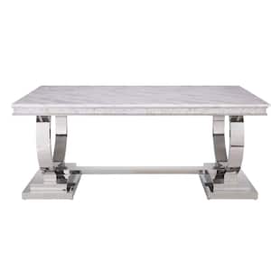 Zander 71 in. Rectangle White Printed Faux Marble and Mirrored Silver Finish Dining Table Seats-6